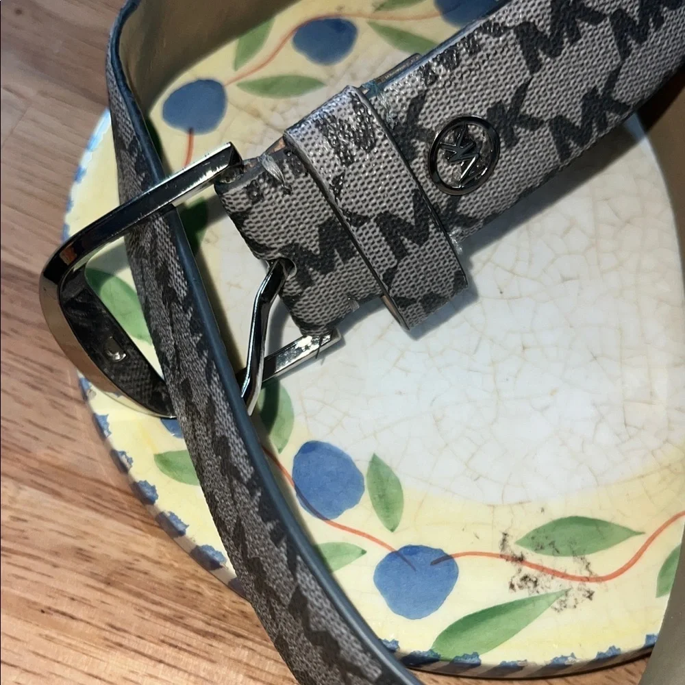 Michael Kors Gray MK Logo Canvas Belt with Silver Buckle
